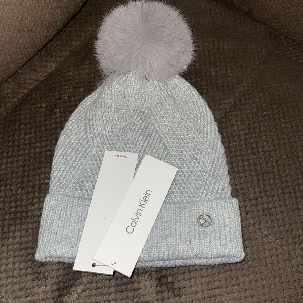 Calvin Klein women’s gray glitter Pom beanie brand new with tags still attached